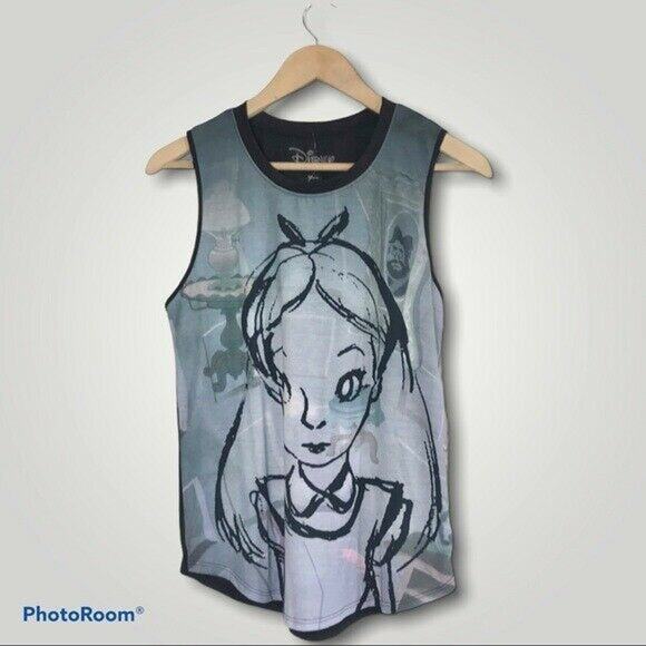 Disney NWT Junior Small Alice In Wonderland Watercolor Black Sketch Tank Top - Picture 1 of 8